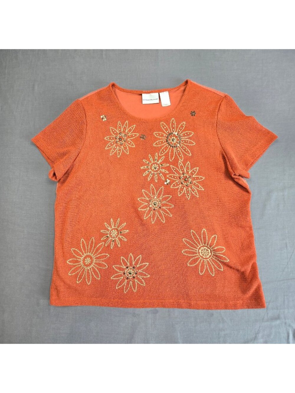 Alfred Dunner Large Orange Short Sleeve Top Floral Embroidered Beaded Boho